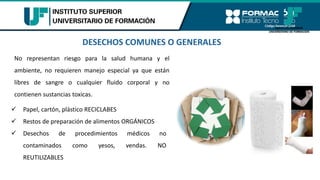 DESECHOS COMUNES O GENERALES
No representan riesgo para la salud humana y el
ambiente, no requieren manejo especial ya que están
libres de sangre o cualquier fluido corporal y no
contienen sustancias toxicas.
✓ Papel, cartón, plástico RECICLABES
✓ Restos de preparación de alimentos ORGÁNICOS
✓ Desechos de procedimientos médicos no
contaminados como yesos, vendas. NO
REUTILIZABLES
 