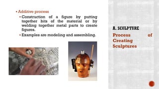 ▪ Additive process
▪ Construction of a figure by putting
together bits of the material or by
welding together metal parts to create
figures.
▪ Examples are modeling and assembling. Process of
Creating
Sculptures
 