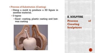 ▪ Process of Substitution (Casting)
▪ Using a mold to produce a 3D figure in
another material.
▪ 3 types:
▪ Sand –casting, plastic casting and lost-
wax casting Process of
Creating
Sculptures
 