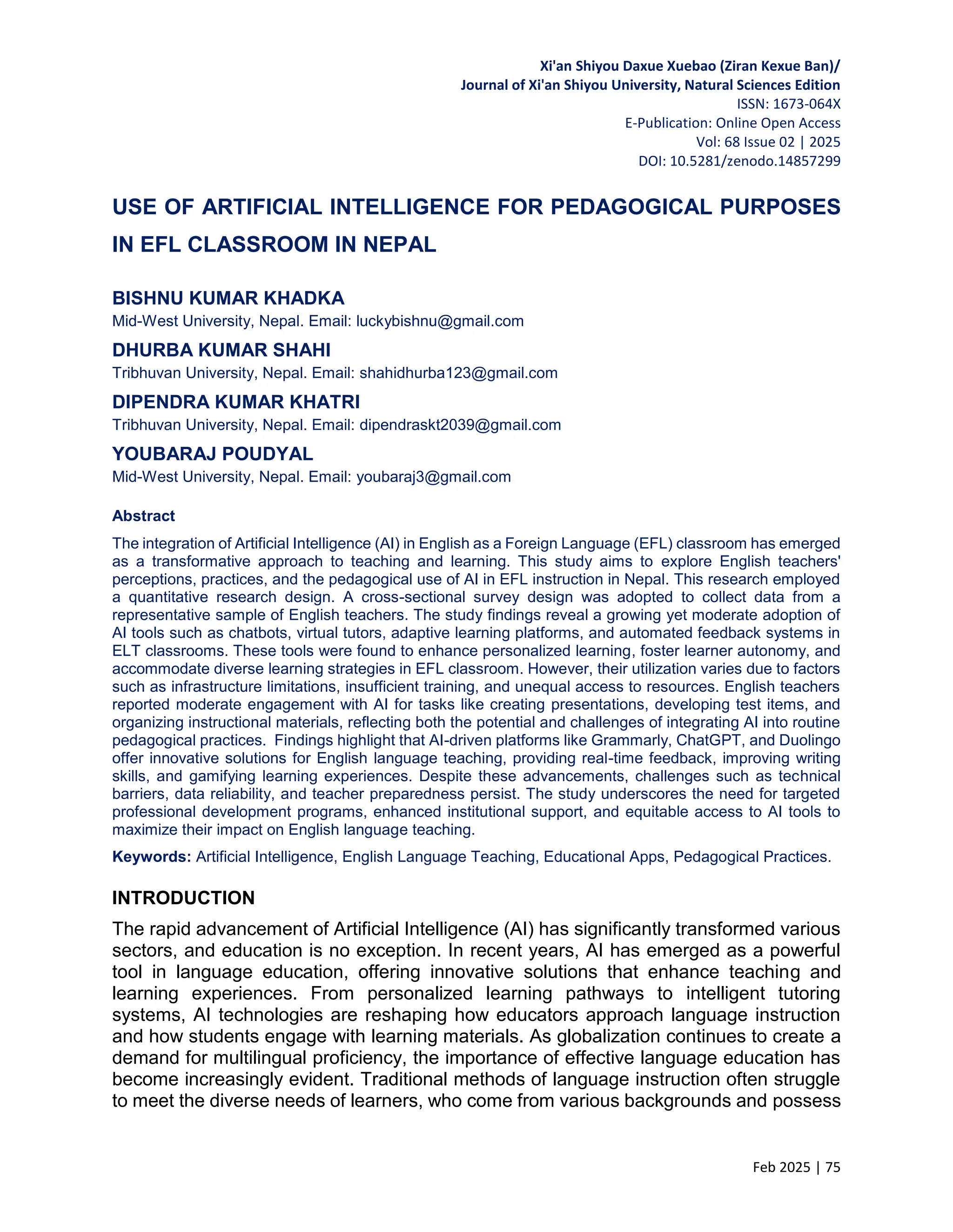 USE OF ARTIFICIAL INTELLIGENCE FOR PEDAGOGICAL PURPOSES IN EFL ...