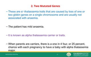 17
04/03/2025 05:02 PM
2. Two Mutated Genes
– These are α+
thalassemia traits that are caused by loss of one or
‐
two globin genes on a single chromosome and are usually not
associated with anaemia.
– The patient has mild anaemia.
– It is known as alpha thalassemia carrier or traits.
– When parents are carriers, there is a one in 4 four, or 25 percent,
chance with each pregnancy to have a baby with alpha thalassemia
major.
 