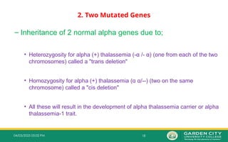 18
04/03/2025 05:02 PM
2. Two Mutated Genes
– Inheritance of 2 normal alpha genes due to;
• Heterozygosity for alpha (+) thalassemia (-α /- α) (one from each of the two
chromosomes) called a "trans deletion"
• Homozygosity for alpha (+) thalassemia (α α/--) (two on the same
chromosome) called a "cis deletion"
• All these will result in the development of alpha thalassemia carrier or alpha
thalassemia-1 trait.
 