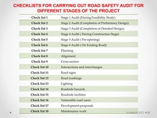 CHECKLISTS FOR CARRYING OUT ROAD SAFETY AUDIT FOR
DIFFERENT STAGES OF THE PROJECT
Check list 1 Stage 1 Audit (During Feasibility Study)
Check list 2 Stage 2 Audit (Completion of Preliminary Design)
Check list 3 Stage 3 Audit (Completion of Detailed Design)
Check list 4 Stage 4 Audit ( During Construction Stage)
Check list 5 Stage 5 Audit ( Pre-opening)
Check list 6 Stage 6 Audit ( On Existing Road)
Check list 7 Planning
Check list 8 Alignment
Check list 9 Cross section
Check list 10 Intersections and interchanges
Check list 11 Road signs
Check list 12 Road markings
Check list 13 Lighting
Check list 14 Roadside hazards
Check list 15 Roadside facilities
Check list 16 Vulnerable road users
Check list 17 Development proposals
Check list 18 Maintenance work 16 March 2021 30
 