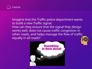 STARTER
Imagine that the Traffic police department wants
to build a new Traffic signal.
How can they ensure that the signal they design
works well, does not cause traffic congestion in
other roads, and helps manage the flow of traffic
equally in all roads?
 