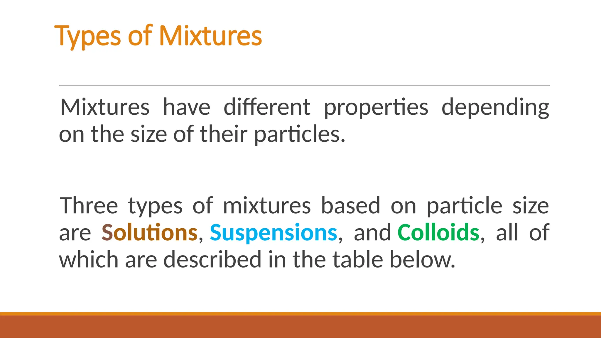 Types of Mixtures
Mixtures have different properties depending
on the size of their particles.
Three types of mixtures based on particle size
are Solutions, Suspensions, and Colloids, all of
which are described in the table below.
 