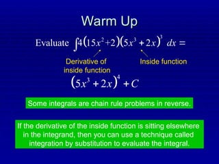 Warm Up
Warm Up
  
3
2 3
Evaluate 4 15 +2 5 2
x x x dx
 

 
4
3
5 2
x x C
 
Inside function
Derivative of
inside function
Some integrals are chain rule problems in reverse.
If the derivative of the inside function is sitting elsewhere
in the integrand, then you can use a technique called
integration by substitution to evaluate the integral.
 