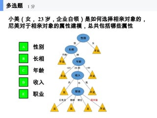 5
小美（女， 23 岁，企业白领）是如何选择相亲对象的，
尼美对于相亲对象的属性建模，总共包括哪些属性
性别
长相
年龄
收入
A
B
C
D
职业
E
多选题 1 分
 
