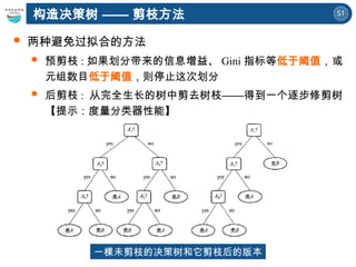 51
 两种避免过拟合的方法
 预剪枝 : 如果划分带来的信息增益、 Gini 指标等低于阈值，或
元组数目低于阈值，则停止这次划分
 后剪枝 : 从完全生长的树中剪去树枝——得到一个逐步修剪树
【提示：度量分类器性能】
构造决策树 —— 剪枝方法
一棵未剪枝的决策树和它剪枝后的版本
 