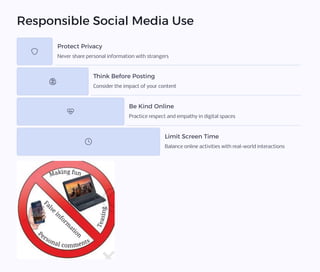 Responsible Social Media Use
Protect Privacy
Never share personal information with strangers
Think Before Posting
Consider the impact of your content
Be Kind Online
Practice respect and empathy in digital spaces
Limit Screen Time
Balance online activities with real-world interactions
 