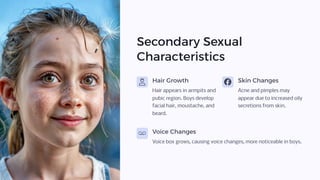 Secondary Sexual
Characteristics
Hair Growth
Hair appears in armpits and
pubic region. Boys develop
facial hair, moustache, and
beard.
Skin Changes
Acne and pimples may
appear due to increased oily
secretions from skin.
Voice Changes
Voice box grows, causing voice changes, more noticeable in boys.
 