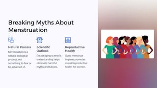Breaking Myths About
Menstruation
Natural Process
Menstruation is a
natural biological
process, not
something to fear or
be ashamed of.
Scientific
Outlook
Encouraging scientific
understanding helps
eliminate harmful
myths and taboos.
Reproductive
Health
Good menstrual
hygiene promotes
overall reproductive
health for women.
 