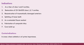 135
Indications
1. As a liner of class I and II cavities.
2. Restoration of GV BLACKS class I, II, V cavities.
3. Reconstruction of traumatically damaged anteriors
4. Splinting of loose teeth
5. As a extended fissure sealant
6. Fabrication of composite inlay
7. Core build up
Contraindications
In areas where esthetics is of prime importance.
Sharma Y. Recent advances in composite resins- an overview. Asian J Biomed Pharmaceut Sci. 2023;13(99):175-179.
 