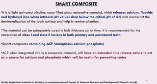 138
SMART COMPOSITE
•It is a light activated alkaline, nano-filled glass restorative material, which releases calcium, fluoride
and hydroxyl ions when intraoral pH values drop below the critical pH of 5.5 and counteract the
demineralization of the tooth surface and help in remineralization.
•The material can be adequately cured in bulk thickness up to 4mm. It is recommended for the
restoration of class I and class II lesions in both primary and permanent teeth.
•Smart composites containing ACP (amorphous calcium phosphate)
•ACP when integrated into in a composite material, will have an extended time release nature to act
as a source for calcium and phosphate which will be useful for preventing caries
Vertika GuptaSmart materials in dentistry: A reviewInternational Journal of Advance Research and Development (Volume3, Issue6)
 