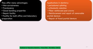 141
They offer many advantages:
• Non-corrosiveness
• Translucency
• Good bonding properties
• Repair facility
• Facility for both office and laboratory
preparation
Applications in dentistry:
• periodontal splinting
• orthodontic retention
• Fiber reinforced post crowns
• Reinforcement and repair of removable
partial denture
• Repair of fixed partial denture
Textbook of Operative Dentistry - Vimal Sikri - 4th Edition (2016)
 