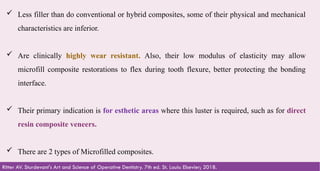 41
 Less filler than do conventional or hybrid composites, some of their physical and mechanical
characteristics are inferior.​
 Are clinically highly wear resistant. Also, their low modulus of elasticity may allow
microfill composite restorations to flex during tooth flexure, better protecting the bonding
interface. ​
 Their primary indication is for esthetic areas where this luster is required, such as for direct
resin composite veneers.​
 There are 2 types of Microfilled composites.
Ritter AV. Sturdevant's Art and Science of Operative Dentistry. 7th ed. St. Louis: Elsevier; 2018.
 