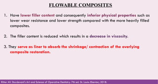 46
FLOWABLE COMPOSITES
1. Have lower filler content and consequently inferior physical properties such as
lower wear resistance and lower strength compared with the more heavily filled
composites.
2. The filler content is reduced which results in a decrease in viscosity.
3. They serve as liner to absorb the shrinkage/ contraction of the overlying
composite restoration.
Ritter AV. Sturdevant's Art and Science of Operative Dentistry. 7th ed. St. Louis: Elsevier; 2018.
 