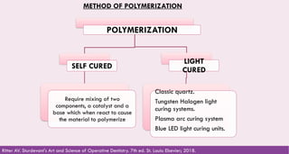 53
METHOD OF POLYMERIZATION
POLYMERIZATION
SELF CURED
Require mixing of two
components, a catalyst and a
base which when react to cause
the material to polymerize
LIGHT
CURED
Classic quartz.
Tungsten Halogen light
curing systems.
Plasma arc curing system
Blue LED light curing units.
Ritter AV. Sturdevant's Art and Science of Operative Dentistry. 7th ed. St. Louis: Elsevier; 2018.
 