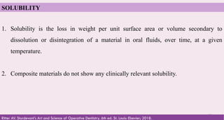 67
SOLUBILITY
1. Solubility is the loss in weight per unit surface area or volume secondary to
dissolution or disintegration of a material in oral fluids, over time, at a given
temperature.
2. Composite materials do not show any clinically relevant solubility.
Ritter AV. Sturdevant's Art and Science of Operative Dentistry. 6th ed. St. Louis: Elsevier; 2018.
 