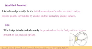 96
Modified Beveled
It is indicated primarily for the initial restoration of smaller cavitated carious
lesions usually surrounded by enamel and for correcting enamel defects.
Box
This design is indicated when only the proximal surface is faulty with no lesions
present on the occlusal surface.
1. Lahari K, Jaidka S, Somani R et al. Composite Restorations. Int J Adv Res. 2019; 7(10): 761-779.​
 