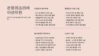 관광레크리에
이션자원
관광객의 여가와 즐거움을 위한 다양한 시설과
장소
수영장과 해수욕장
- 도시 및 해변의 수영 시설
- 해수욕장의 다양한 해양 활동
- 계절별 특색 있는 프로그램
- 수상 스포츠 및 레저 활동
- 휴식과 힐링을 위한 공간
- 지역 특색을 반영한 해변 문화
캠핑장과 야영 시설
- 자연 속 숙박 및 체험 시설
- 다양한 형태의 캠핑장 제공
- 가족 단위 여행객 선호
- 계절별 특화 프로그램 운영
- 환경 친화적 시설 도입
- 지역 문화와 연계한 체험 활동
놀이공원과 테마파크
- 다양한 놀이기구와 어트랙션
- 테마별 구역 구성 및 운영
- 계절 및 이벤트성 프로그램
- 가족 및 연인 단위 방문객 타겟
- 첨단 기술 활용한 체험 제공
- 쇼핑과 식음료 시설 연계
스포츠 시설
- 다목적 경기장 및 체육관
- 골프장 , 스키장 등 특화 시설
- 프로 및 아마추어 대회 유치
- 스포츠 관광 상품 개발
- 지역 경제 활성화 기여
- 건강한 여가 문화 조성
 