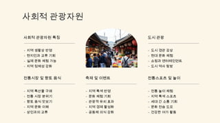 사회적 관광자원
전통시장 및 향토 음식
- 지역 특산물 구매
- 전통 시장 분위기
- 향토 음식 맛보기
- 지역 문화 이해
- 상인과의 교류
축제 및 이벤트
- 지역 특색 반영
- 문화 체험 기회
- 관광객 유치 효과
- 지역 경제 활성화
- 공동체 의식 강화
전통스포츠 및 놀이
- 전통 놀이 체험
- 지역 특색 스포츠
- 세대 간 소통 기회
- 문화 전승 도모
- 건강한 여가 활동
사회적 관광자원 특징
- 지역 생활상 반영
- 현지인과 교류 기회
- 실제 문화 체험 가능
- 지역 정체성 강화
도시 관광
- 도시 경관 감상
- 현대 문화 체험
- 쇼핑과 엔터테인먼트
- 도시 역사 탐방
 