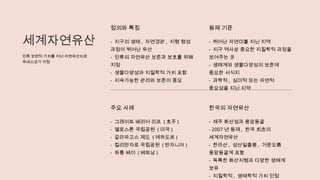 세계자연유산
인류 보편적 가치를 지닌 자연유산으로
유네스코가 지정
정의와 특징
- 지구의 생태 , 자연경관 , 지형 형성
과정이 뛰어난 유산
- 인류의 자연유산 보존과 보호를 위해
지정
- 생물다양성과 지질학적 가치 포함
- 지속가능한 관리와 보존이 중요
등재 기준
- 뛰어난 자연미를 지닌 지역
- 지구 역사상 중요한 지질학적 과정을
보여주는 곳
- 생태계와 생물다양성의 보존에
중요한 서식지
- 과학적 , 심미적 또는 자연적
중요성을 지닌 지역
주요 사례
- 그레이트 배리어 리프 ( 호주 )
- 옐로스톤 국립공원 ( 미국 )
- 갈라파고스 제도 ( 에콰도르 )
- 킬리만자로 국립공원 ( 탄자니아 )
- 하롱 베이 ( 베트남 )
한국의 자연유산
- 제주 화산섬과 용암동굴
- 2007 년 등재 , 한국 최초의
세계자연유산
- 한라산 , 성산일출봉 , 거문오름
용암동굴계 포함
- 독특한 화산지형과 다양한 생태계
보유
- 지질학적 , 생태학적 가치 인정
 