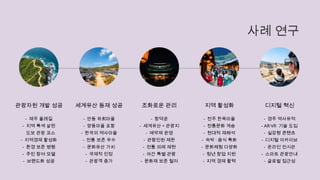 사례 연구
관광자원 개발 성공
- 제주 올레길
- 지역 특색 살린
도보 관광 코스
- 지역경제 활성화
- 환경 보존 병행
- 주민 참여 모델
- 브랜드화 성공
세계유산 등재 성공
- 안동 하회마을
- 양동마을 포함
- 한국의 역사마을
- 전통 보존 우수
- 문화유산 가치
- 국제적 인정
- 관광객 증가
조화로운 관리
- 창덕궁
- 세계유산 + 관광지
- 예약제 운영
- 관람인원 제한
- 전통 의례 재현
- 야간 특별 관람
- 문화재 보존 철저
지역 활성화
- 전주 한옥마을
- 전통문화 계승
- 현대적 재해석
- 숙박 · 음식 특화
- 문화체험 다양화
- 청년 창업 지원
- 지역 경제 활력
디지털 혁신
- 경주 역사유적
- AR·VR 기술 도입
- 실감형 콘텐츠
- 디지털 아카이브
- 온라인 전시관
- 스마트 관광안내
- 글로벌 접근성
 