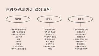 접근성
관광자원의 가치 결정 요인
- 관광객의 방문 용이성
- 교통수단의 다양성
- 목적지까지의 거리
- 소요 시간
- 비용
- 편의성
- 안전성
- 정보 접근성
- 예약 시스템의 효율성
매력성
- 관광객 유인력
- 독특성과 희소성
- 심미적 가치
- 역사문화적 중요성
- 활동의 다양성
- 체험 가능성
- 교육적 가치
- 즐거움과 만족도
- 계절성
이미지
- 관광지에 대한 인식
- 브랜드 가치
- 미디어 노출도
- 입소문 효과
- 과거 방문객의 평가
- 안전성 이미지
- 환대성 인식
- 독특한 정체성
- 지속가능성 이미지
 