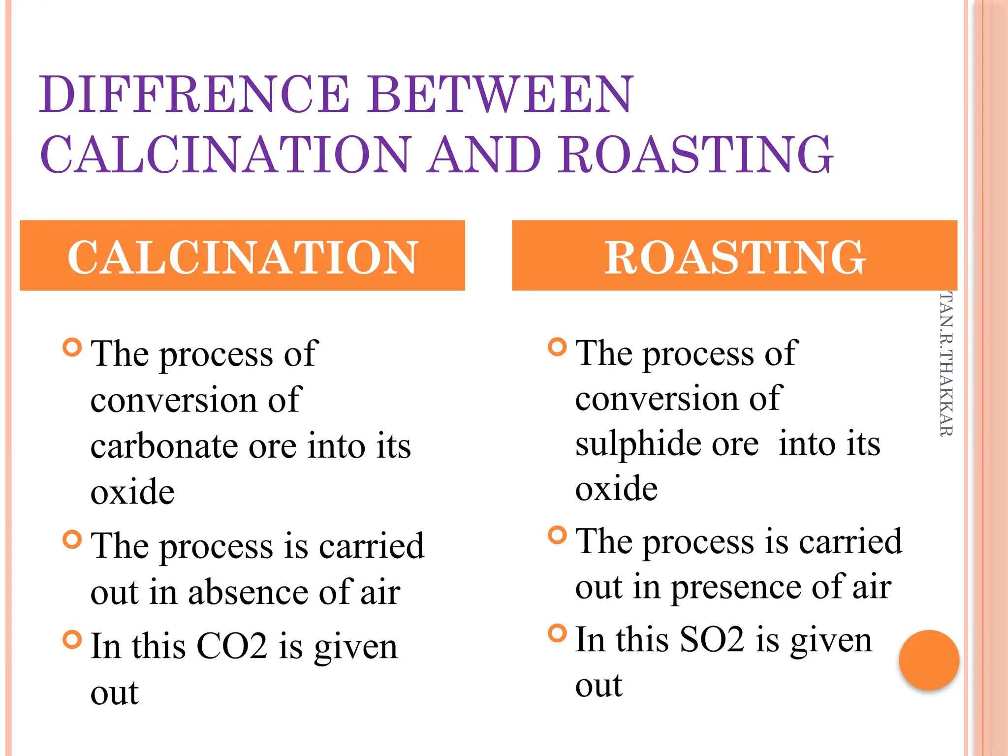 KETAN.R.THAKKAR
DIFFRENCE BETWEEN
CALCINATION AND ROASTING
 The process of
conversion of
carbonate ore into its
oxide
 The process is carried
out in absence of air
 In this CO2 is given
out
 The process of
conversion of
sulphide ore into its
oxide
 The process is carried
out in presence of air
 In this SO2 is given
out
CALCINATION ROASTING
 