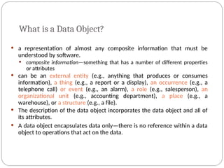 What is a Data Object?
 a representation of almost any composite information that must be
understood by software.
 composite information—something that has a number of different properties
or attributes
 can be an external entity (e.g., anything that produces or consumes
information), a thing (e.g., a report or a display), an occurrence (e.g., a
telephone call) or event (e.g., an alarm), a role (e.g., salesperson), an
organizational unit (e.g., accounting department), a place (e.g., a
warehouse), or a structure (e.g., a file).
 The description of the data object incorporates the data object and all of
its attributes.
 A data object encapsulates data only—there is no reference within a data
object to operations that act on the data.
 