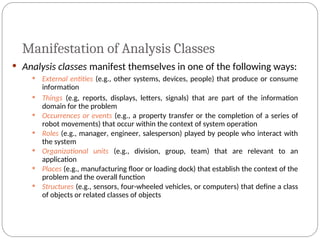 Manifestation of Analysis Classes
 Analysis classes manifest themselves in one of the following ways:
 External entities (e.g., other systems, devices, people) that produce or consume
information
 Things (e.g, reports, displays, letters, signals) that are part of the information
domain for the problem
 Occurrences or events (e.g., a property transfer or the completion of a series of
robot movements) that occur within the context of system operation
 Roles (e.g., manager, engineer, salesperson) played by people who interact with
the system
 Organizational units (e.g., division, group, team) that are relevant to an
application
 Places (e.g., manufacturing floor or loading dock) that establish the context of the
problem and the overall function
 Structures (e.g., sensors, four-wheeled vehicles, or computers) that define a class
of objects or related classes of objects
 