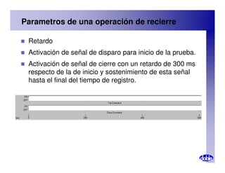 Parametros de una operación de recierre
 Retardo
 Activación de señal de disparo para inicio de la prueba.
 Activación de señal de cierre con un retardo de 300 ms
respecto de la de inicio y sostenimiento de esta señal
hasta el final del tiempo de registro.
 