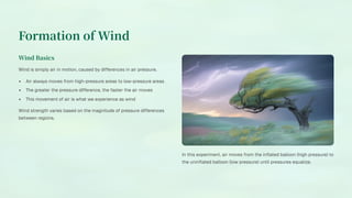Formation of Wind
Wind Basics
Wind is simply air in motion, caused by differences in air pressure.
Air always moves from high-pressure areas to low-pressure areas
The greater the pressure difference, the faster the air moves
This movement of air is what we experience as wind
Wind strength varies based on the magnitude of pressure differences
between regions.
In this experiment, air moves from the inflated balloon (high pressure) to
the uninflated balloon (low pressure) until pressures equalize.
 