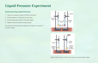 Liquid Pressure Experiment
Demonstrating Liquid Pressure
Take two transparent pipes of different diameters
1.
Attach balloons to the bottom of each pipe
2.
Fill both pipes with water to the same height
3.
Observe that both balloons bulge equally
4.
This shows that liquid pressure depends on height, not volume or
container shape.
Higher water columns create more pressure, causing larger bulges.
 
