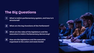 The Big Questions
1 What is India's parliamentary system, and how is it
structured?
2 What are the key functions of the Parliament?
3 What are the roles of the legislature and the
executive in India's Parliamentary democracy?
4 How are the legislature and the executive
organised at the union and state levels?
 