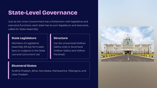 State-Level Governance
Just as the Union Government has a Parliament with legislative and
executive functions, each state has its own legislature and executive,
called its 'State Assembly'.
State Legislature
Members of Legislative
Assembly (MLAs) formulate
laws on subjects in the State
List and Concurrent List
Structure
Can be unicameral (Vidhan
Sabha only) or bicameral
(Vidhan Sabha and Vidhan
Parishad)
Bicameral States
Andhra Pradesh, Bihar, Karnataka, Maharashtra, Telangana, and
Uttar Pradesh
 