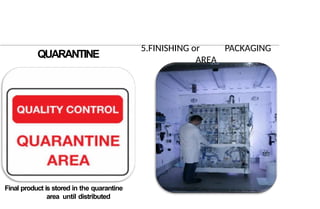 5.FINISHING or PACKAGING
AREA
4.THE QUARANTINE
AREA
Final product is stored in the quarantine
area until distributed
 