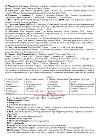 12. Маршрути лікування. Викликані потребою в лікуванні подорожі до Німеччини, Греції, Литви,
Австро-Угорщини, Італії, Єгипту, на Кавказ, в Крим
13. Переклади. Леся Українка перекладала твори Г. Гейне, Г. Гауптмана, поетичні твори В. Гюго,
уривки з “Одіссеї” Гомера, індійські обрядові гімни із збірки “Ріг-Веди”
14. Галичина та Буковина. У Галичині та Буковині (Чернівці) Леся Українка познайомилася з
І.Франком, О. Кобилянською, В. Стефаником, О. Маковеєм, Н. Кобринською.
15. На відкритті пам’ятника Котляревському в Полтаві (1903). Тут Леся Українка зустрілася з
найвизначнішими митцями своєї доби.
16. Одруження. 7 серпня 1907 р. Леся Українка (у 36 років) та Климент Квітка офіційно оформили шлюб
у церкві. 21 серпня вони разом вирушили до Криму. Подружжя спочатку мешкало в Балаклаві (Климент
отримав посаду в суді цього міста), а згодом — у Ялті.
17. Фольклор. Леся Українка знала дуже багато народних пісень (близько 500). Перша її
фольклористична праця – «Купала на Волині» – опублікована в 1891 р., а останній великий цикл пісень з
її голосу записав її чоловік К. В. Квітка в 1913 р.
18. Останні роки. В останні роки життя очі Лесі Українки набули надзвичайного блакитного кольору.
28 квітня 1913 року Леся Українка останній раз відвідала Київ. Українська громадськість влаштувала
поетесі врочисту зустріч, відбувся вечір-концерт на її честь. Виступила на вечері і сама Леся Українка..
У середині травня письменниця повернулася до Кутаїсі.
19. Смерть та поховання. Померла Лесі Українка 1 серпня 1913 р. в Сурамі у віці 42 років.
Тіло Лесі Українки перевезли до Києва і поховали на Байковому кладовищі. Похорон, згідно з бажанням
небіжчиці, відбувався без участі духовенства.
20. Основні твори. Поетичні збірки: "На крилах пісень", "Думи і мрії", "Відгуки"
Поеми: "Русалка", "Давня казка", "Ізольда Білорука", "Орфеєве чудо", "Про велета"
Драми: "Одержима", "На руїнах", "В катакомбах" · "В дому роботи, в країні неволі" · "Кассандра" · "У
пущі", "На полі крові", "Бояриня", "Лісова пісня", "Камінний господар", "Оргія"
Проза: "Біда навчить", "Лелія", "Щастя", "Сліпець", "Примара", "Враги"
21. Характер. Попри зовнішню суворість, Леся Українка мала лагідний та спокійний характер. Була
ніжною, доброзичливою, людяною, привітною. Страждаючи від фізичного болю, була терплячою та
співчутливою до родини та друзів, у тяжкі хвилини завжди допомогала їм, не шкодуючи свого здоров’я.
Відзначалася старанністю до науки і працьовитістю, була обдарована здібностями до музики, малювання.
«Мрії»
У дитячі любі роки.
Коли так душа
бажала
Надзвичайного,
дивного,
Я любила вік
лицарства.
Тільки дивно, що не
принци,
Таємницею укриті.
Не вродливі
королівни
Розум мій очарували.
Я дивилась на малюнках
Не на гордих
переможців,
Що, сперечника
зваливши,
Промовляли люто:
«Здайся!»
Погляд мій спускався
нижче.
На того, хто розпростертий.
До землі прибитий списом,
Говорив: «Убий, не
здамся!»
Аналіз вірша Лесі Українки «Мрії
1. Автор, назва. Леся Українка «Мрії» (Ялта, 18 листопада 1897 р)
2. Рід літератури. Лірика
3. Жанр: вірш
4. Тематика. Філософська лірика
5. Тема: розповідь, як з дитинства лірична героїня з особливою симпатією ставилася до переможених,
але гордих і нескорених лицарів; роздуми над сенсом життя
6. Ідея: уславлення мужності, героїзму, впевненості віри в перемогу, заклик до боротьби до останньої
краплі крові
7. Настрій: життєствердження, оптимізм
8. Образи: лицарі, королівни,
9. Образ ліричної героїні. Смілива, горда, стійка
10. Художні засоби.
Епітети: «любі роки», «вродливі королівни», «гордих переможців».
Метафора: «Таємницею укриті», «душа бажала», «розум очарували», «погляд спускався»
11. Висновок. «Убий, не здамся!» стало життєвим девізом Лесі Українки. Знаючи, що життя буде
нелегким, поетеса вирішила йти лише вперед, з вірою, з бадьорою піснею. Чим сильніше наступала
 
