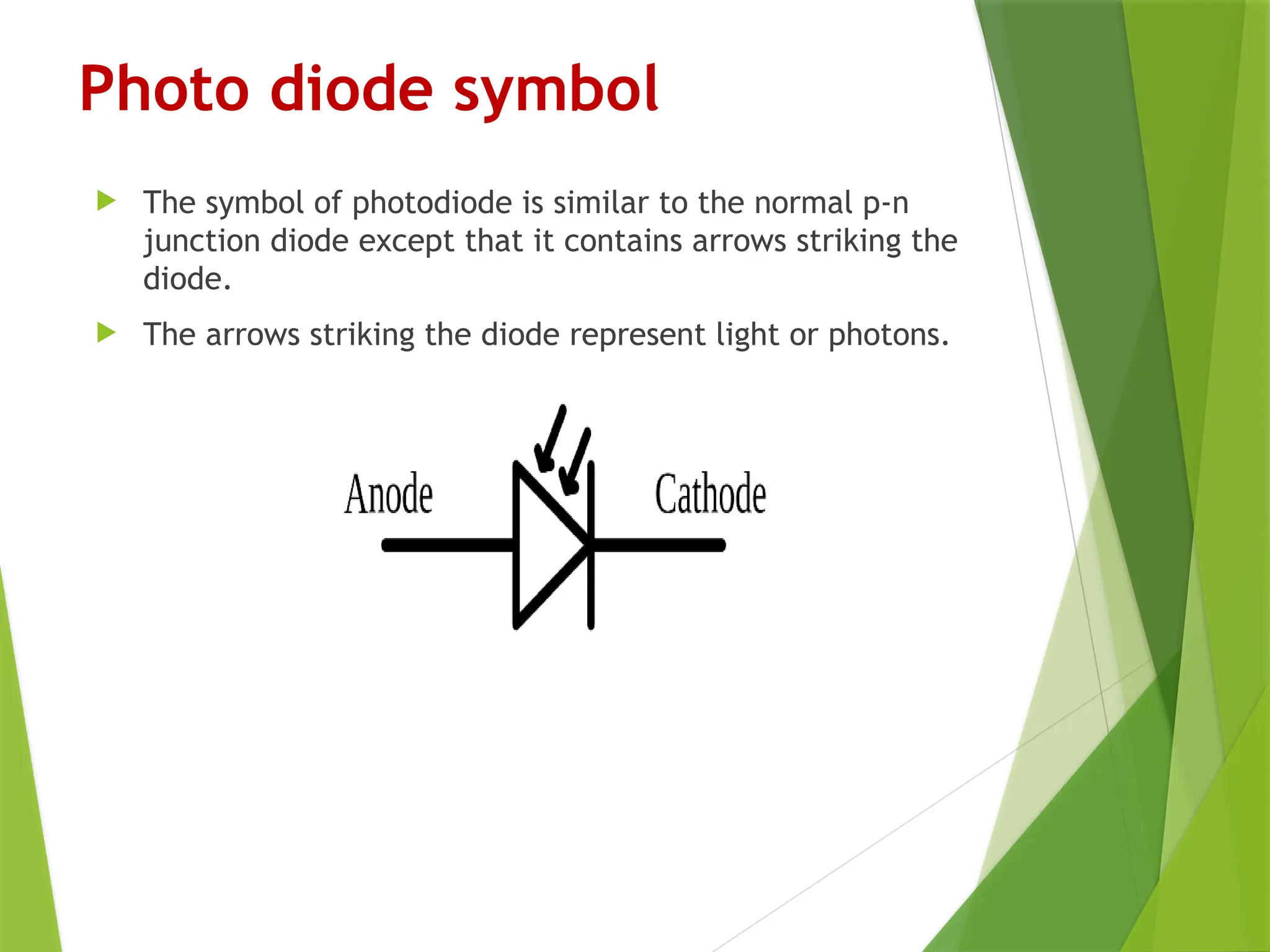 Photo diode symbol
 The symbol of photodiode is similar to the normal p-n
junction diode except that it contains arrows striking the
diode.
 The arrows striking the diode represent light or photons.
 