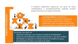 TRABALHO
COLABORATIVO
No entanto, por vezes, há:
• dispersão e distração, o que resulta em perda de produtividade;
• choque de personalidades e disputa pela liderança, o que gera conflitos;
• dificuldades na aplicação de métodos eficazes de trabalho em grupo;
• desmotivação em cadeia, por ausência de chefia.
O trabalho colaborativo organiza-se, em geral, de forma
multidisciplinar e transdepartamental, podendo envolver
grupos de pessoas com alguma dimensão.
 O principal objetivo é ultrapassar o
individualismo, maximizando a partilha de
conhecimentos, potenciando o diálogo e a
colaboração, tanto em ambientes presenciais,
como em ambientes mediados pela tecnologia.
 