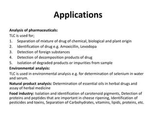 Applications
Analysis of pharmaceuticals:
TLC is used for;
1. Separation of mixture of drug of chemical, biological and plant origin
2. Identification of drug e.g. Amoxicillin, Levodopa
3. Detection of foreign substances
4. Detection of decomposition products of drug
5. Isolation of degraded products or impurities from sample
Environmental analysis:
TLC is used in environmental analysis e.g. for determination of selenium in water
and serum.
Natural product analysis: Determination of essential oils in herbal drugs and
assay of herbal medicine
Food industry: Isolation and identification of carotenoid pigments, Detection of
proteins and peptides that are important in cheese ripening, Identification of
pesticides and toxins, Separation of Carbohydrates, vitamins, lipids, proteins, etc.
 