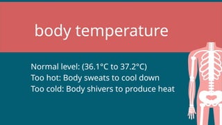body temperature
Normal level: (36.1°C to 37.2°C)
Too hot: Body sweats to cool down
Too cold: Body shivers to produce heat
 