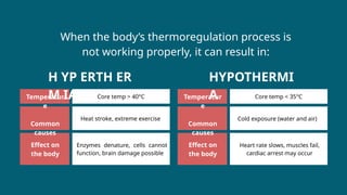 Effect on
the body
Temperatur
e
Common
causes
Effect on
the body
Temperatur
e
Common
causes
Core temp > 40°C
Heat stroke, extreme exercise
Enzymes denature, cells cannot
function, brain damage possible
Core temp < 35°C
Cold exposure (water and air)
Heart rate slows, muscles fail,
cardiac arrest may occur
H YP ERTH ER
M IA
HYPOTHERMI
A
When the body’s thermoregulation process is
not working properly, it can result in:
 