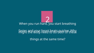 2
When you run hard, you start breathing
faster and your heart beats quicker. Why
might the body need to do both of these
things at the same time?
 