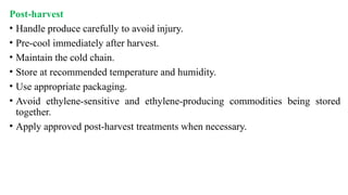 Post-harvest
• Handle produce carefully to avoid injury.
• Pre-cool immediately after harvest.
• Maintain the cold chain.
• Store at recommended temperature and humidity.
• Use appropriate packaging.
• Avoid ethylene-sensitive and ethylene-producing commodities being stored
together.
• Apply approved post-harvest treatments when necessary.
 