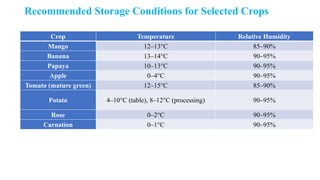 Recommended Storage Conditions for Selected Crops
Crop Temperature Relative Humidity
Mango 12–13°C 85–90%
Banana 13–14°C 90–95%
Papaya 10–13°C 90–95%
Apple 0–4°C 90–95%
Tomato (mature green) 12–15°C 85–90%
Potato 4–10°C (table), 8–12°C (processing) 90–95%
Rose 0–2°C 90–95%
Carnation 0–1°C 90–95%
 
