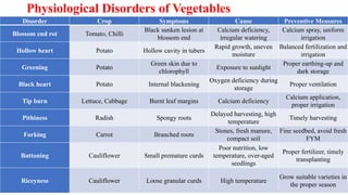 Physiological Disorders of Vegetables
Disorder Crop Symptoms Cause Preventive Measures
Blossom end rot Tomato, Chilli
Black sunken lesion at
blossom end
Calcium deficiency,
irregular watering
Calcium spray, uniform
irrigation
Hollow heart Potato Hollow cavity in tubers
Rapid growth, uneven
moisture
Balanced fertilization and
irrigation
Greening Potato
Green skin due to
chlorophyll
Exposure to sunlight
Proper earthing-up and
dark storage
Black heart Potato Internal blackening
Oxygen deficiency during
storage
Proper ventilation
Tip burn Lettuce, Cabbage Burnt leaf margins Calcium deficiency
Calcium application,
proper irrigation
Pithiness Radish Spongy roots
Delayed harvesting, high
temperature
Timely harvesting
Forking Carrot Branched roots
Stones, fresh manure,
compact soil
Fine seedbed, avoid fresh
FYM
Buttoning Cauliflower Small premature curds
Poor nutrition, low
temperature, over-aged
seedlings
Proper fertilizer, timely
transplanting
Riceyness Cauliflower Loose granular curds High temperature
Grow suitable varieties in
the proper season
 