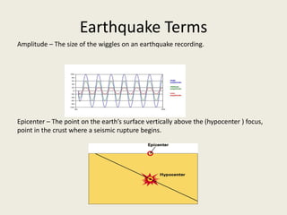 Earthquake Terms
Amplitude – The size of the wiggles on an earthquake recording.




Epicenter – The point on the earth’s surface vertically above the (hypocenter ) focus,
point in the crust where a seismic rupture begins.
 