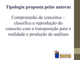 Tipologia proposta pelas autoras
Compreensão de conceitos –
classifica a reprodução do
conceito com a transposição para a
realidade e produção de análises
 