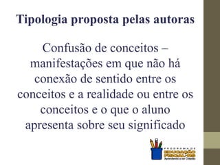 Tipologia proposta pelas autoras
Confusão de conceitos –
manifestações em que não há
conexão de sentido entre os
conceitos e a realidade ou entre os
conceitos e o que o aluno
apresenta sobre seu significado
 